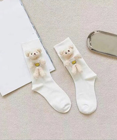 Stylish White Little Bear Cotton Mid Calf Socks