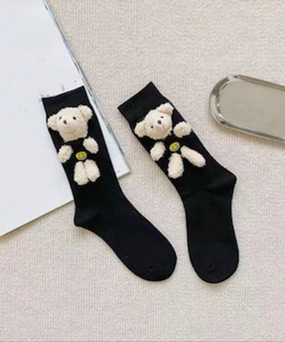 Stylish White Little Bear Cotton Mid Calf Socks