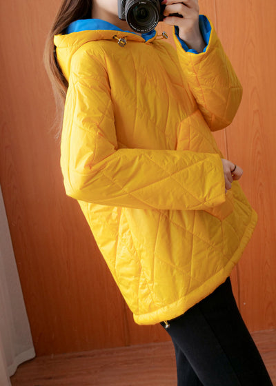 Stylish Yellow Hooded Pockets Fine Cotton Filled Pullover Winter Coat