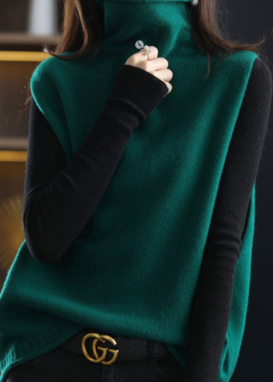 Stylish blackish green Turtle Neck thick Woolen knit vest Sleeveless