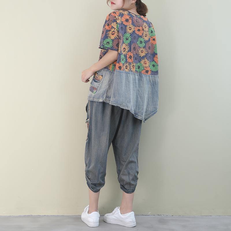 Summer 2021 new loose large size printed washed denim suit