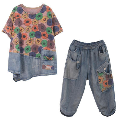 Summer 2021 new loose large size printed washed denim suit