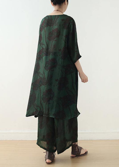Summer green Chinese Button Print o Neck Silk Satin Top Wide Leg Pants Two Piece