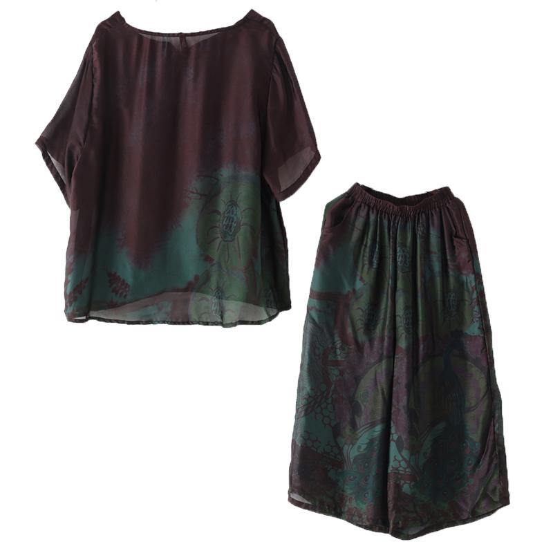 Summer new women's retro green printed chiffon two-piece high-end foreign style suit
