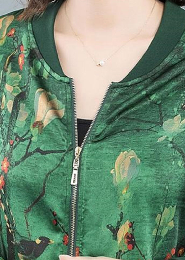 2022 Green O-Neck Print Zip Up Silk Coats Long Sleeve