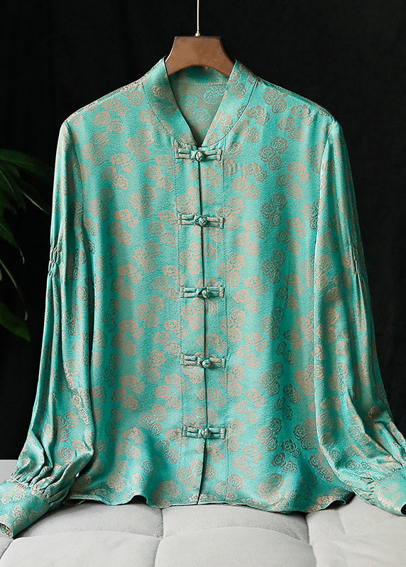 2022 Peacock Green Mandarin Collar Button Jacquard Shirt Tops Long sleeve