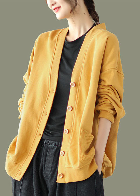 2022 Yellow V Neck Pockets Coats Long Sleeve
