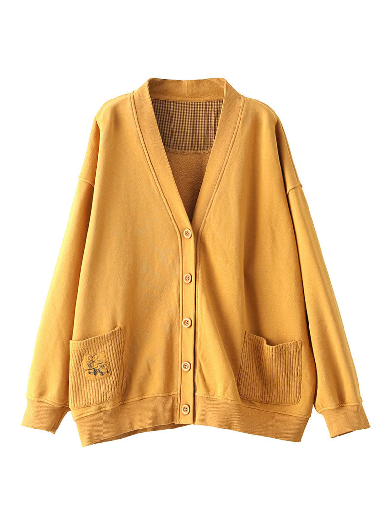 2022 Yellow V Neck Pockets Coats Long Sleeve