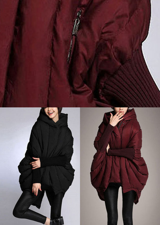 Trendy Mulberry hooded zippered Cloak Sleeves Winter Duck Down coat