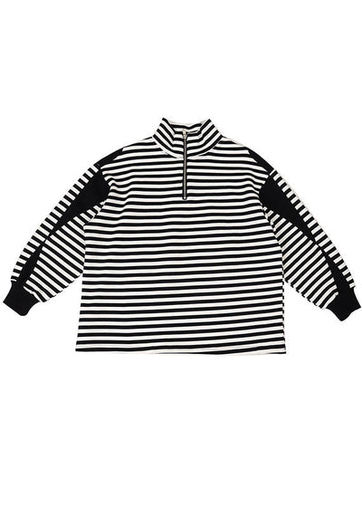Unique Black White Striped Loose zippered Patchwork Fall Long sleeve Top