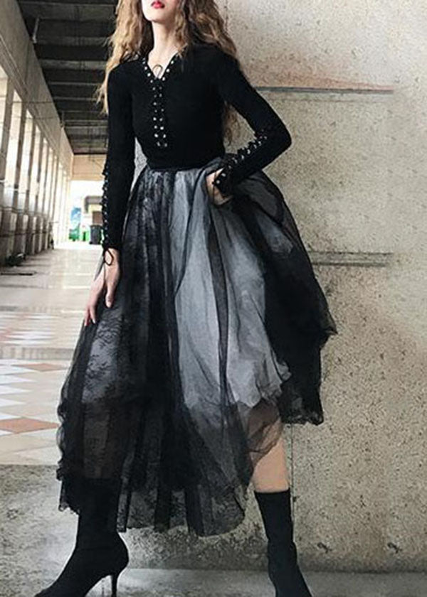 Unique Black Wrinkled Lace Patchwork Tulle Skirt Spring