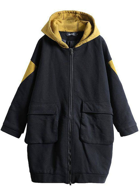 Unique Chocolate hooded zippered Pockets Patchwork Winter Cotton Thick Coats Long sleeve
