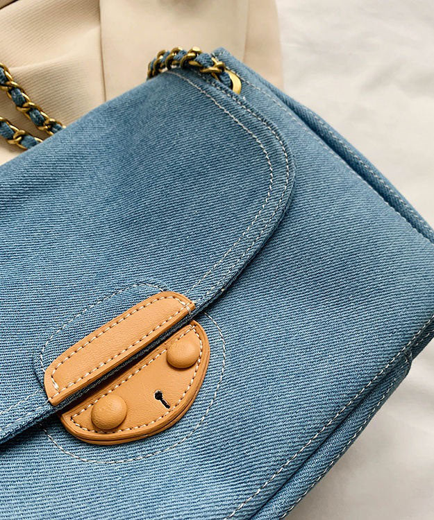 Unique Denim Blue Patchwork Chain Canvas Satchel Handbag