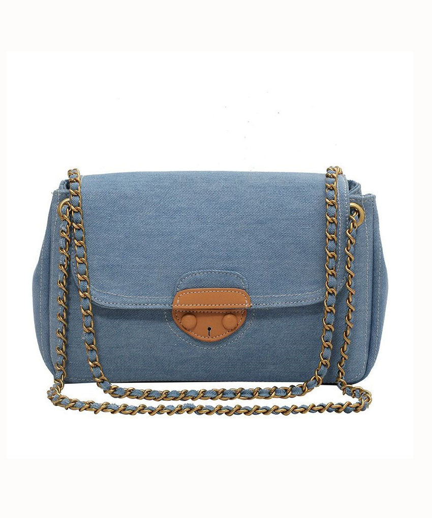 Unique Denim Blue Patchwork Chain Canvas Satchel Handbag