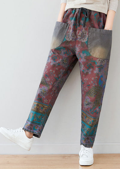 Unique Grey tie waist Pockets Patchwork print Pants Spring