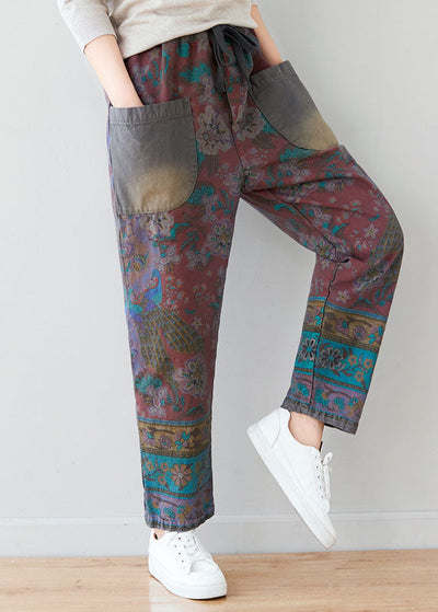 Unique Grey tie waist Pockets Patchwork print Pants Spring