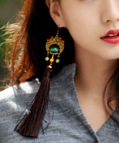 Unique Jade Silk Rope National Style Tassel Drop Earrings