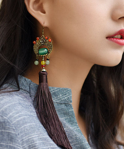 Unique Jade Silk Rope National Style Tassel Drop Earrings