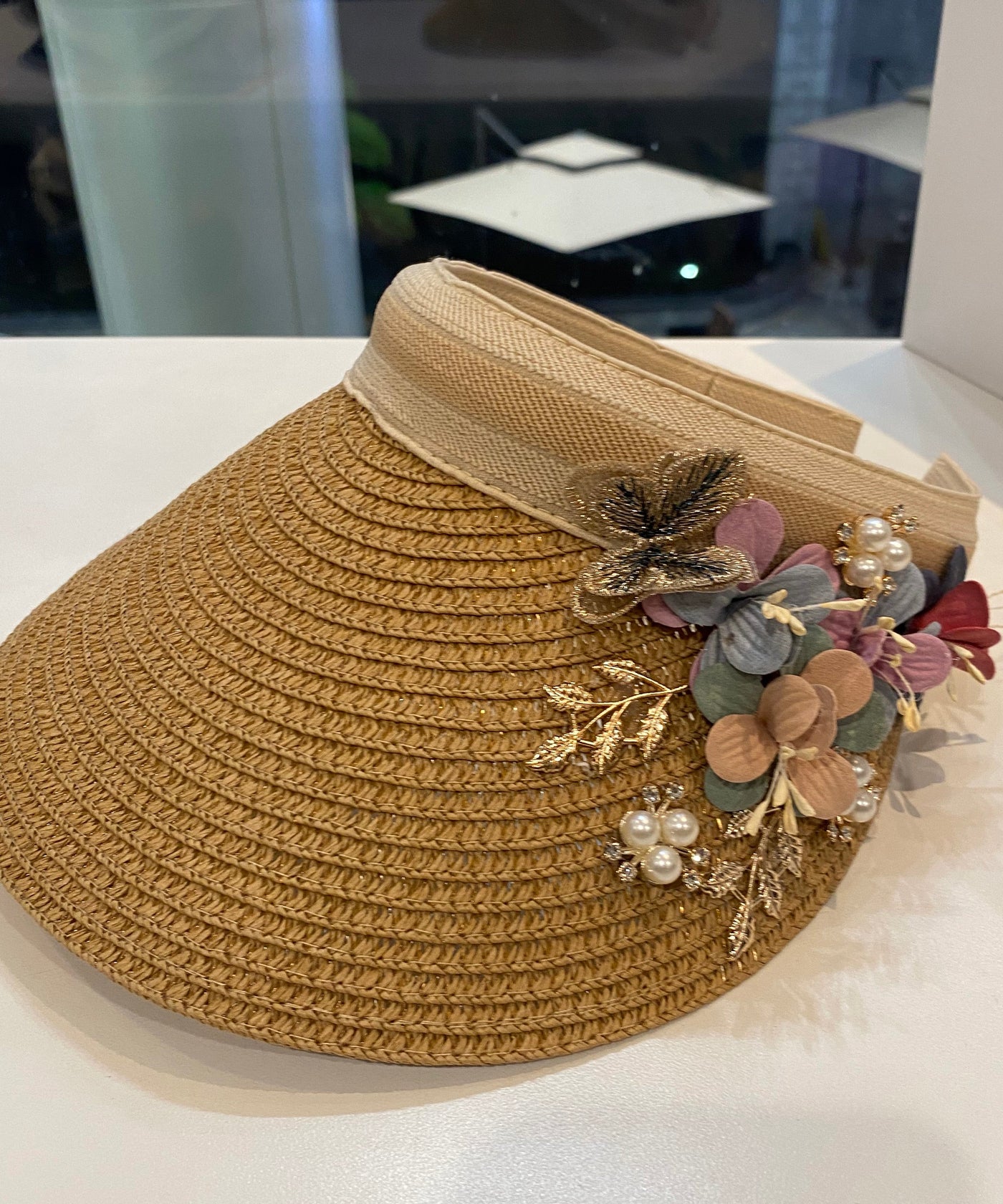 Unique Khaki Floral Straw Woven Floppy Sun Hat