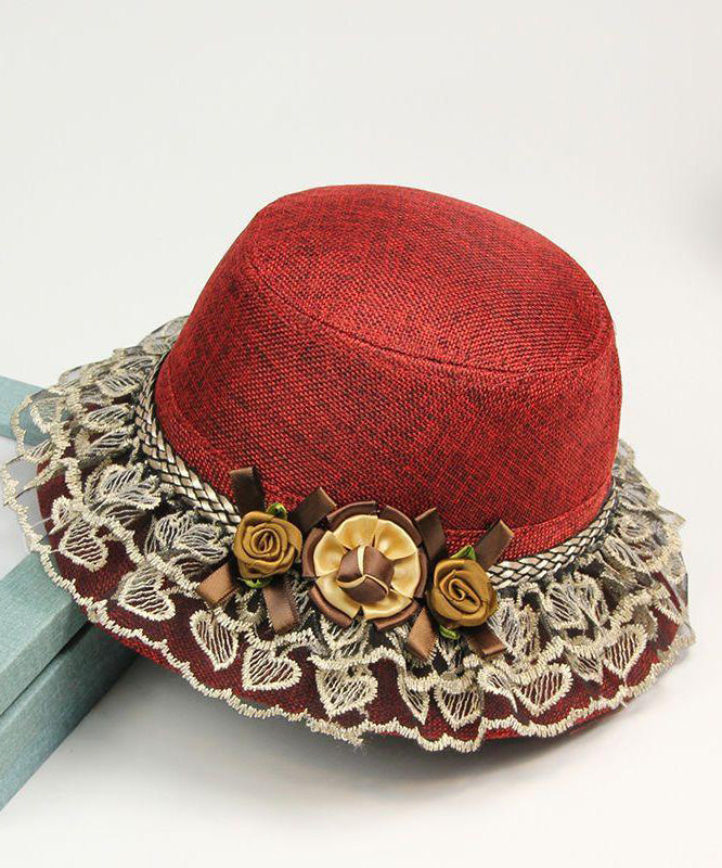 Unique Red Lace Patchwork Floral Linen Bucket Hat