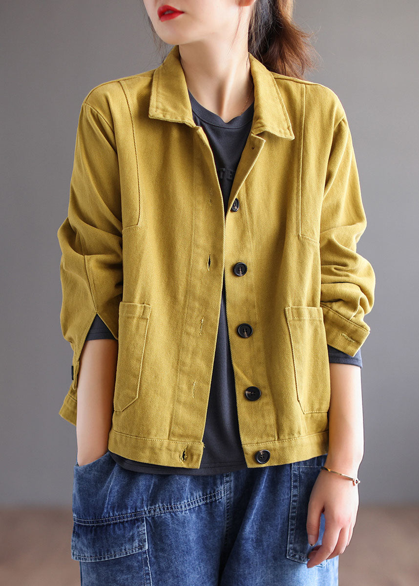 Unique Yellow PeterPan Collar Button Pockets Patchwork Fall Coat