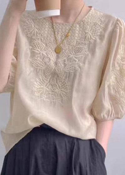 Vintage Apricot O-Neck Embroideried Silk Top Puff Sleeve