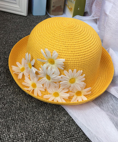 Vintage Beige Daisy Straw Woven Floppy Sun Hat