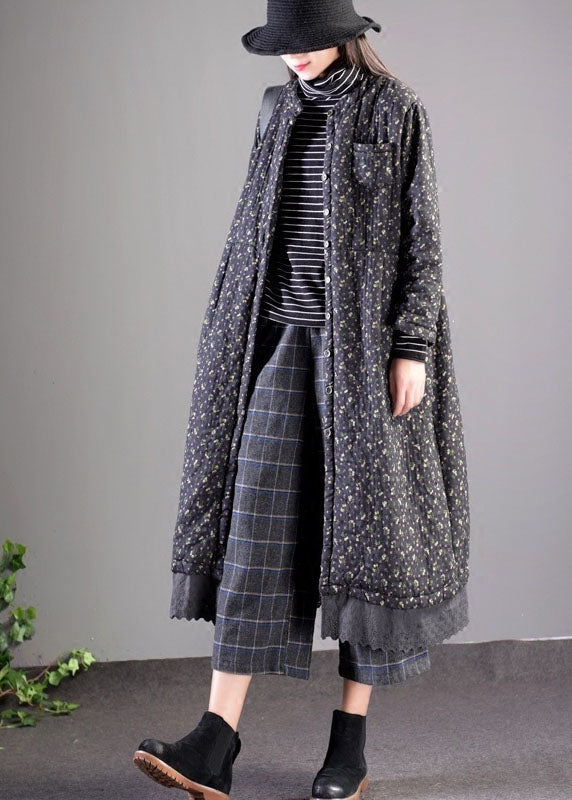 Vintage Black Lace Patchwork Fine Cotton Filled Witner Coats Lengthen