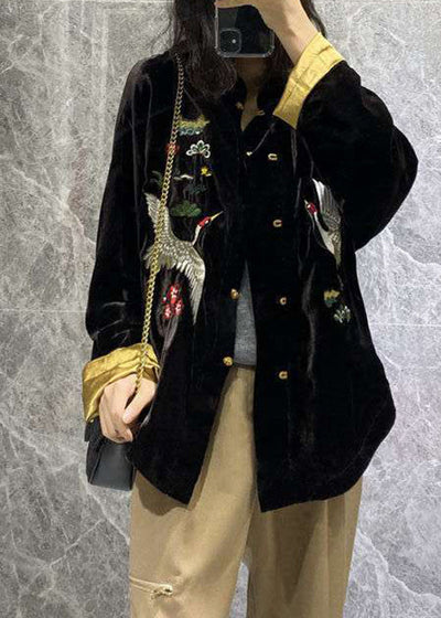 Vintage Black Mandarin Collar Embroideried Velour Coats Long Sleeve