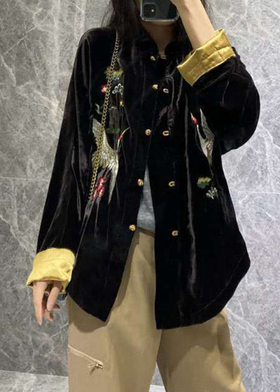Vintage Black Mandarin Collar Embroideried Velour Coats Long Sleeve