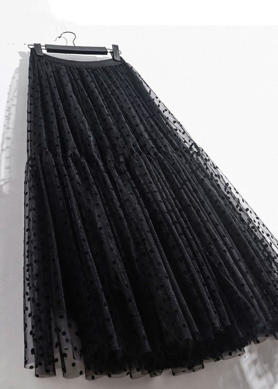 Vintage Black Wrinkled Patchwork High Waist Tulle Skirt Spring