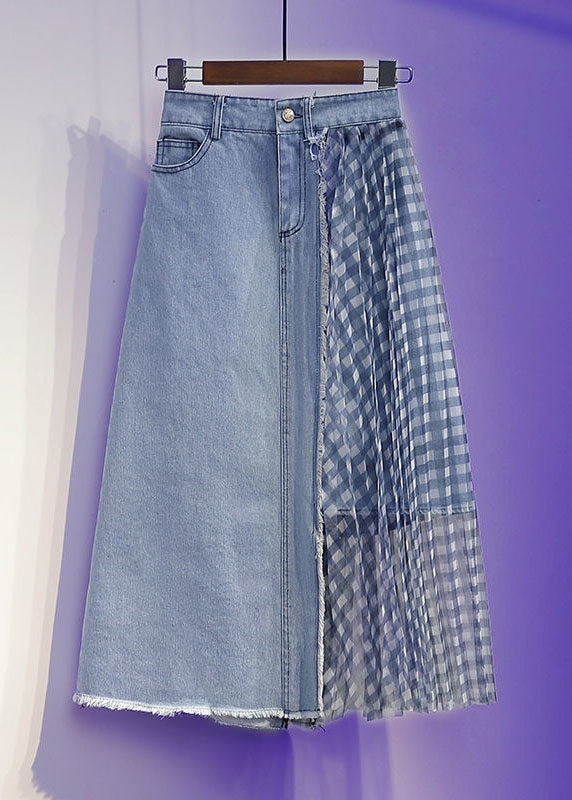 Vintage Blue Wrinkled Tulle Patchwork Denim Skirts Spring