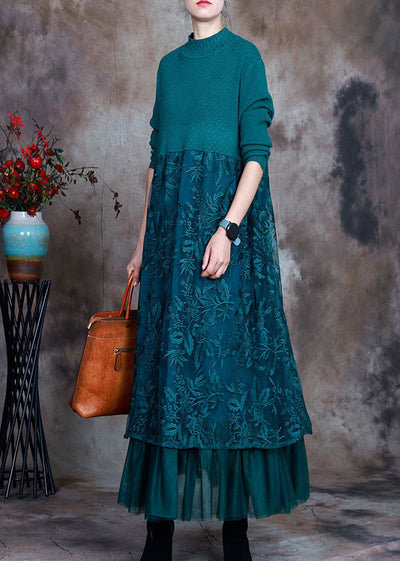 Vintage Blue slim fit Lace Patchwork Knit Fall Wool Dress