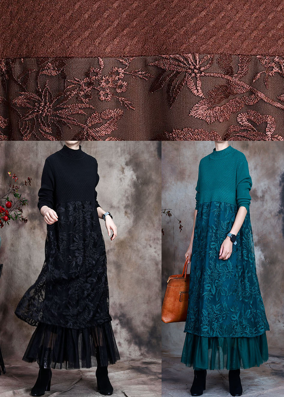 Vintage Blue slim fit Lace Patchwork Knit Fall Wool Dress