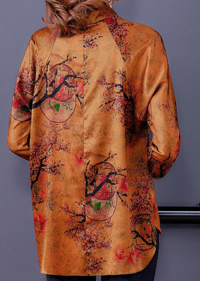 Vintage Ginger Stand Collar side open print Silk Blouse Top Spring