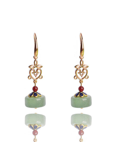 Vintage Green Fine Jade Original Design 14K Gold Drop Earrings