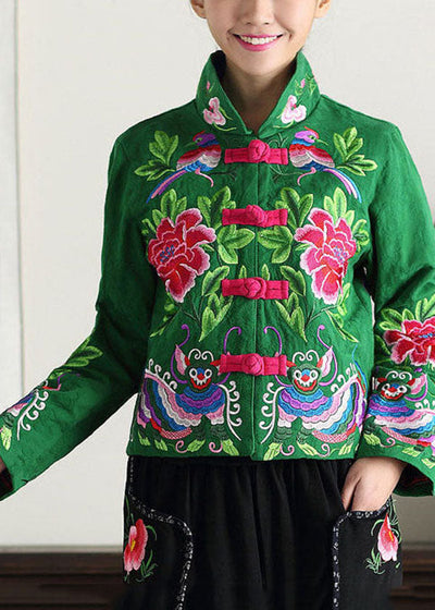 Vintage Green Stand Collar Embroideried Cotton Jacket Fall