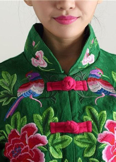 Vintage Green Stand Collar Embroideried Cotton Jacket Fall
