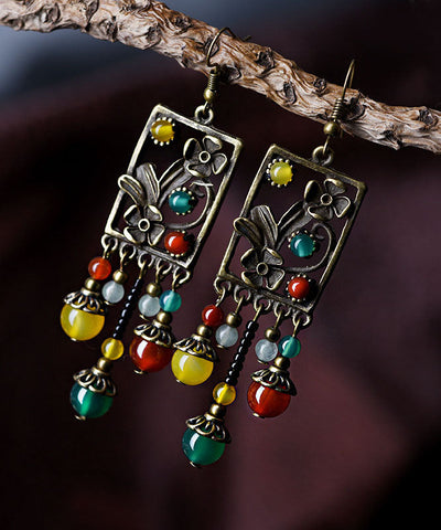 Vintage Multi Color Agate Metal Copper Tassel Drop Earrings