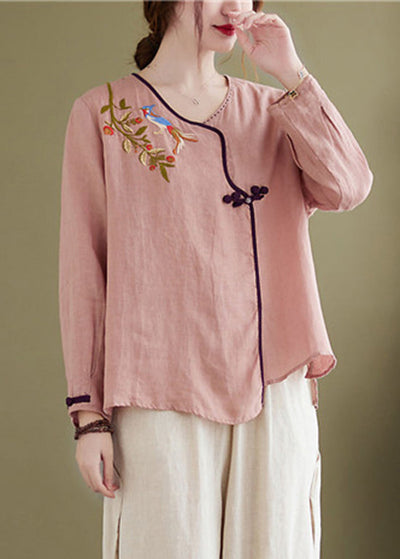 Vintage Pink Embroideried Asymmetrical Design Patchwork Top Long Sleeve