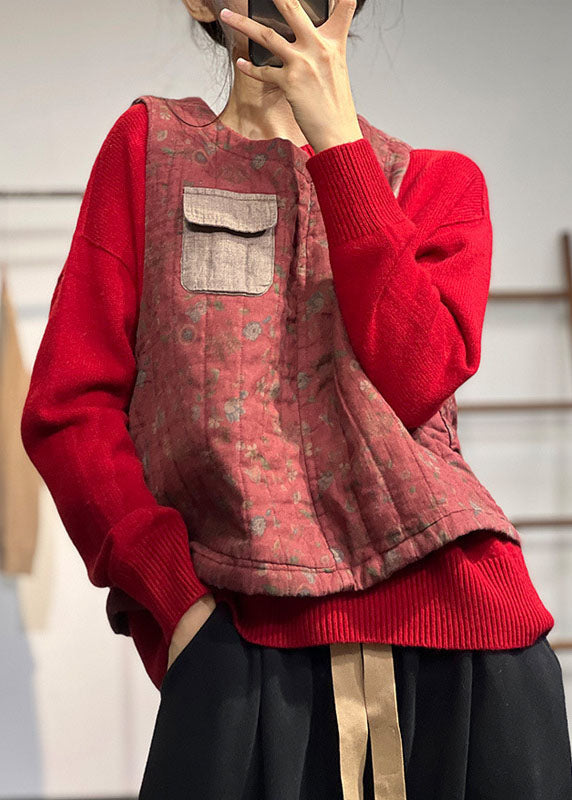 Vintage Red O-Neck Patchwork Pocket Fine Cotton Filled Vest Tops Winter