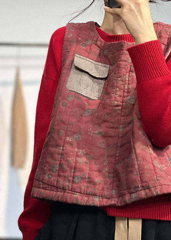 Vintage Red O-Neck Patchwork Pocket Fine Cotton Filled Vest Tops Winter