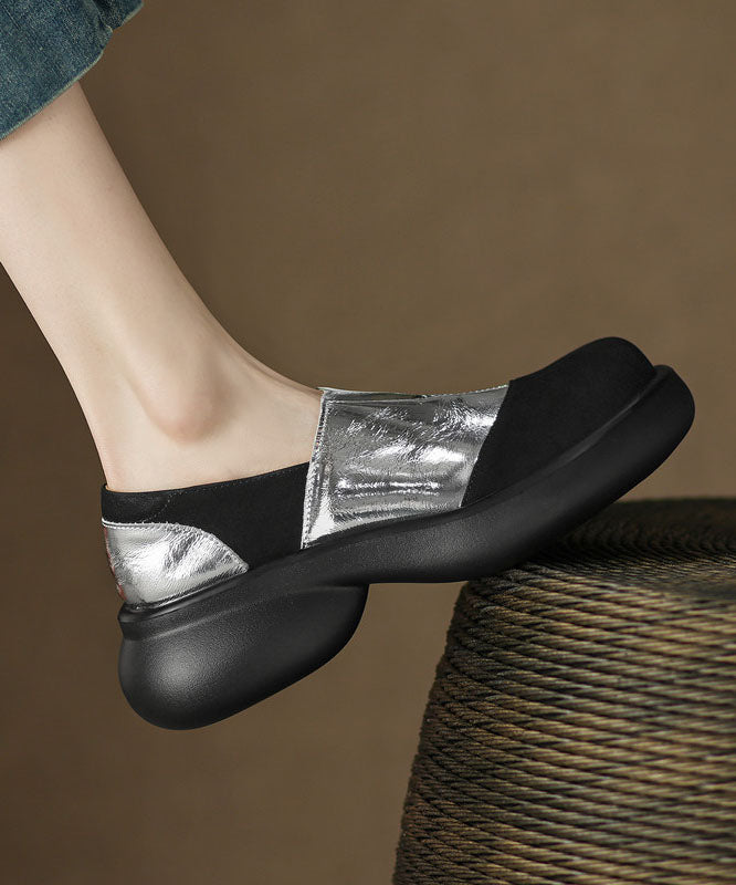 Vintage Splicing Platform Flat Shoes For Women Silver Faux Leather
