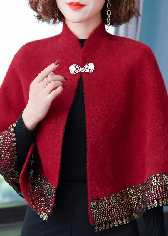 Vintage Wine Red Stand Collar Tasseled Button Patchwork Mink Velvet Coats Fall