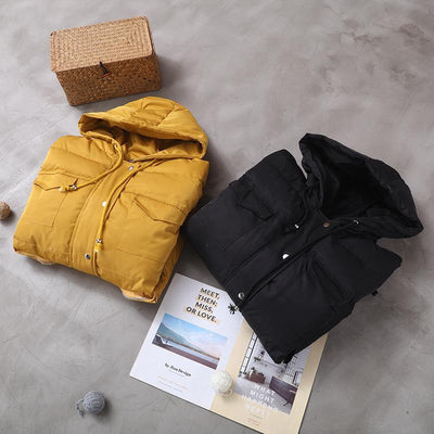 Warm Loose-fitting snow jackets drawstring hem outwear yellow hooded women short coats