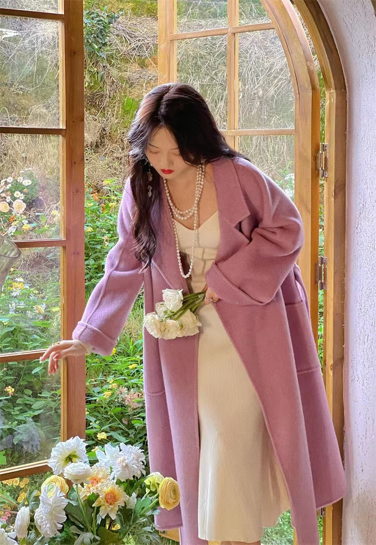 Luxy Lavender Silk Wool Blended Trench Overcoat Woolen Coat Winter