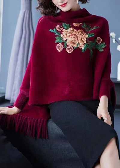 Wine Red Embroideried Tasseled Patchwork Mink Velvet Cardigans V Neck Long Sleeve