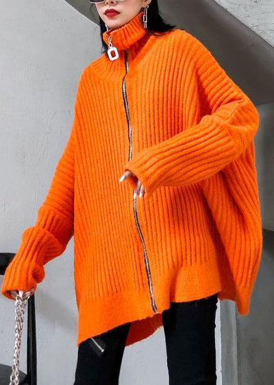 Winter orange knit tops trendy plus size high neck zippered knit blouse