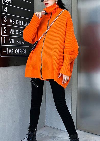 Winter orange knit tops trendy plus size high neck zippered knit blouse
