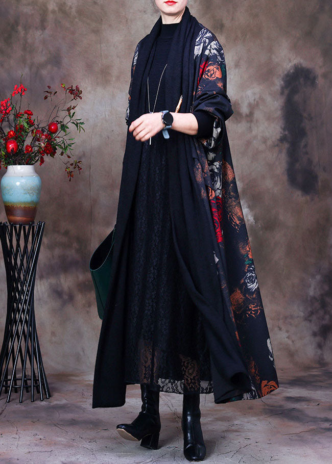 Women Black Bow Collar Floral Print Loose Long Cardigans Long Sleeve